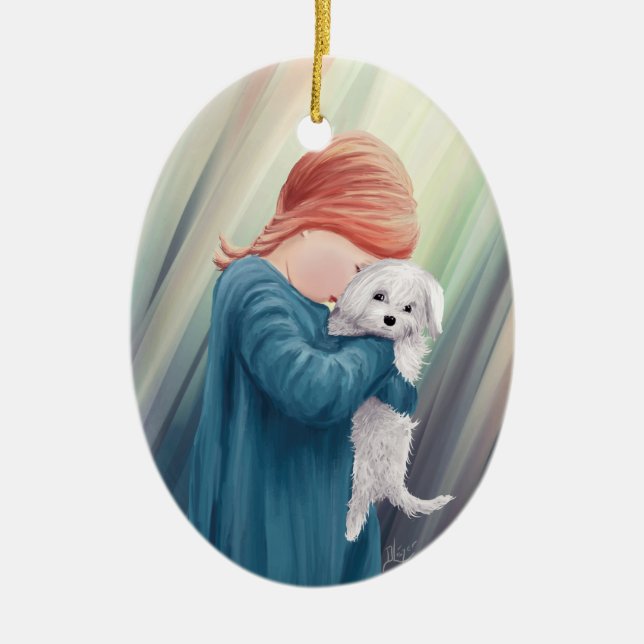 Cute Girl with Dog Ceramic Tree Decoration (Front)
