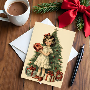 Cute Girl with Gifts Mid-Century Style Christmas Card