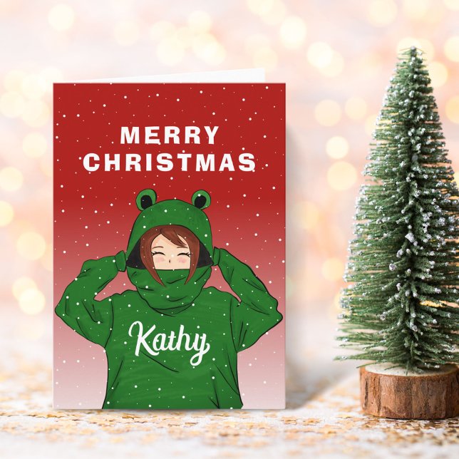 Cute Girl with Green Frog Hoodie Drawing Christmas Card (Creator Uploaded)