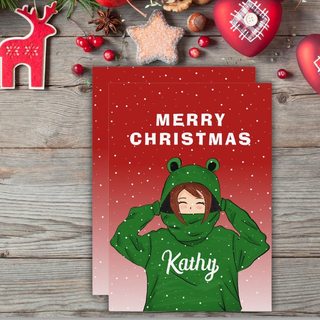 Cute Girl with Green Frog Hoodie Drawing Christmas Holiday Card (Creator Uploaded)