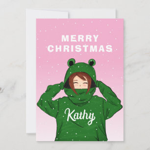 Cute Girl with Green Frog Hoodie Drawing Christmas Holiday Card