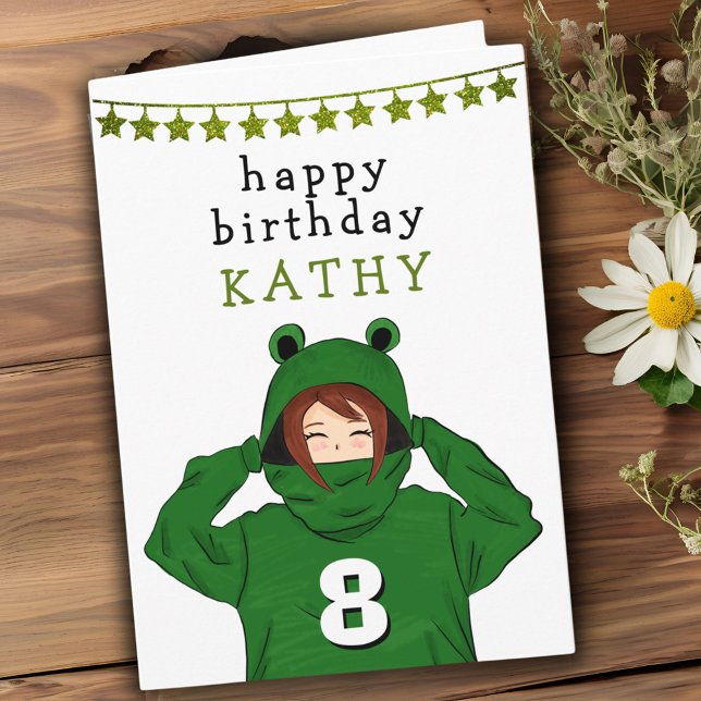 Cute Girl with Green Frog Hoody Drawing Birthday Card (Creator Uploaded)