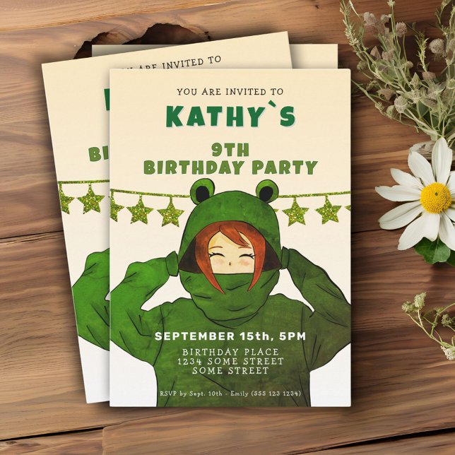 Cute Girl with Green Frog Hoody Drawing Birthday  Invitation (Creator Uploaded)