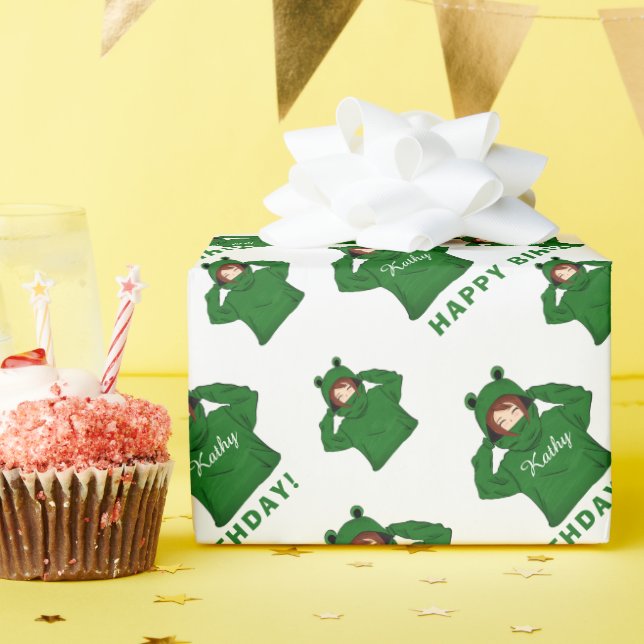 Cute Girl with Green Frog Hoody Drawing Birthday Wrapping Paper (Birthday Party)