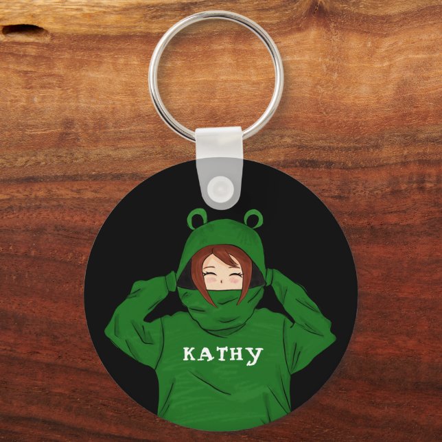 Cute Girl with Green Frog Hoody Drawing Black Key Ring (Front)