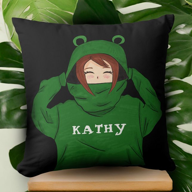 Cute Girl with Green Frog Hoody Drawing Black Name Cushion (Creator Uploaded)