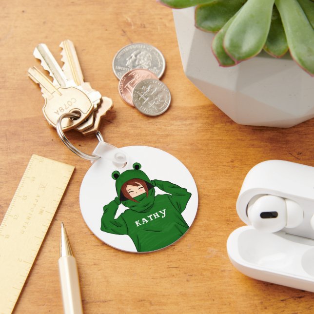 Cute Girl with Green Frog Hoody Drawing Key Ring (Desk)
