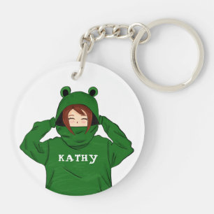 Cute Girl with Green Frog Hoody Drawing Keychain