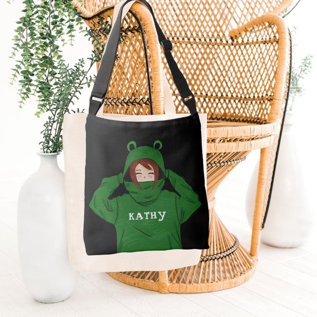 Cute Girl with Green Frog Hoody Drawing Name Crossbody Bag (Creator Uploaded)