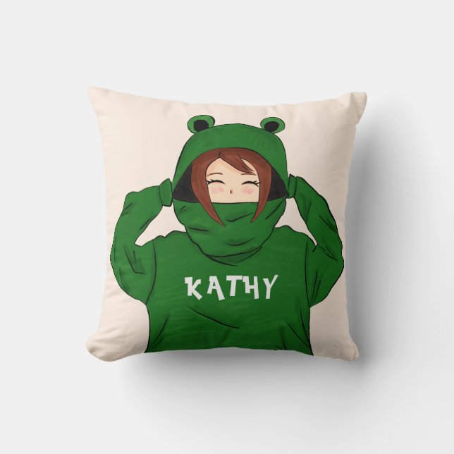 Cute Girl with Green Frog Hoody Drawing Name Cushion (Front)