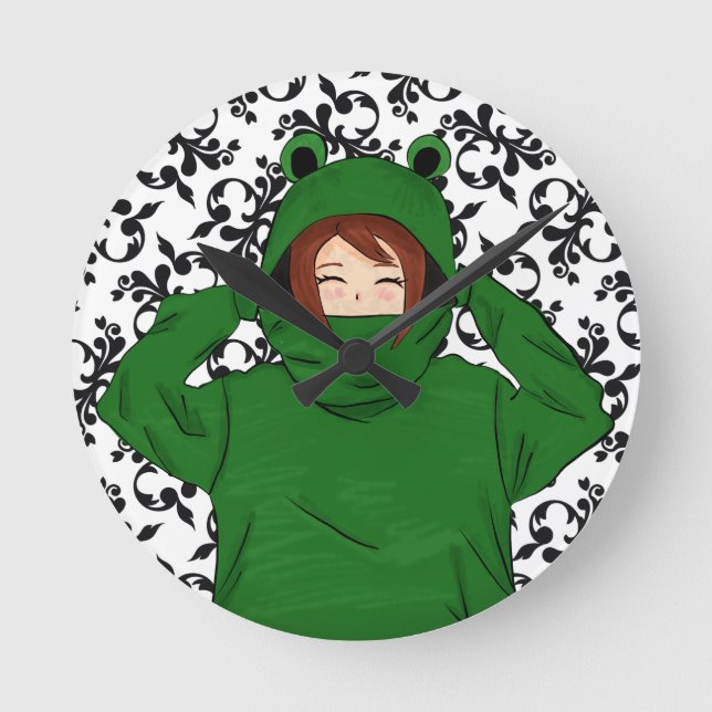 Cute Girl with Green Frog Hoody Drawing Round Clock (Front)