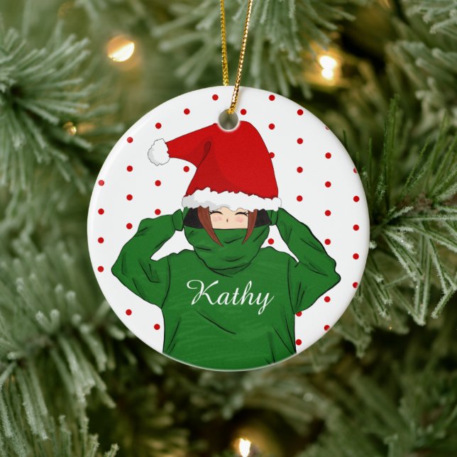 Cute Girl with Green Hoody Santa Hat Christmas Ceramic Tree Decoration (Tree)