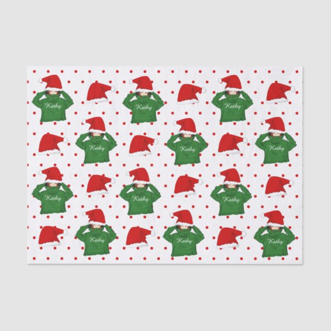 Cute Girl with Green Hoody Santa Hat Christmas Tissue Paper (Front)