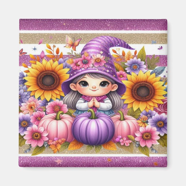 Cute Girl With Hat With Colourful Flowers, Pumpkin Magnet (Front)