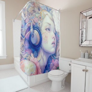 Cute Girl with Headphone Music Modern Artwork Shower Curtain