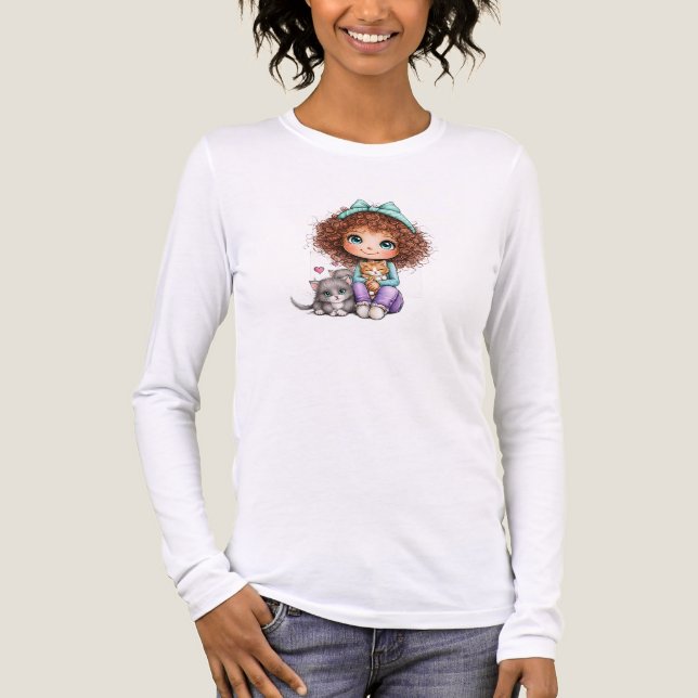 Cute Girl with Kittens Kawaii Cozy Art Tri-Blend Shirt (Front)