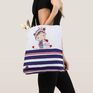 Cute Girl with Ladybird Art Striped Kids Tote Bag