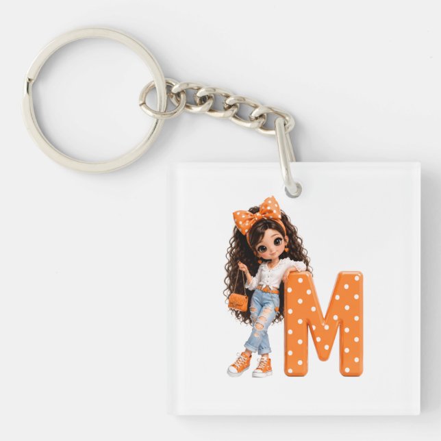 Cute Girl with Letter M Throw Blanket Key Ring (Front)