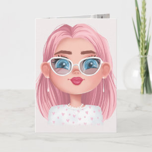 cute girl with pink hair birthday card