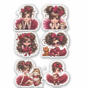 Cute Girl with Red Bow and Kitten Sticker Set
