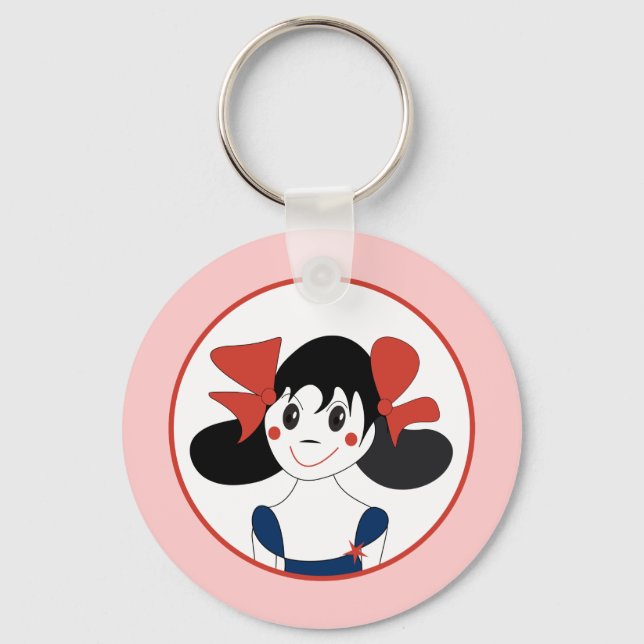 Cute Girl with Red Bows Kids Illustration Key Ring (Front)
