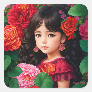 Cute Girl With Red Pink Rose Flowers Decoupage Square Sticker