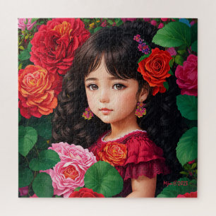 Cute Girl With Red Pink Rose Flowers Jigsaw Puzzle