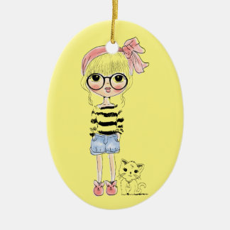 Cute Girl with Round Glasses and her Sweet Cat Ceramic Tree Decoration