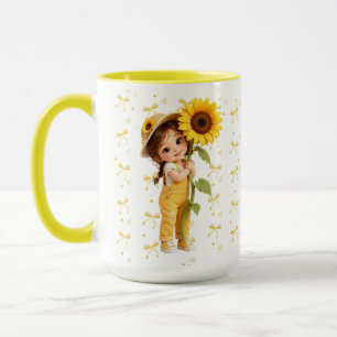 Cute Girl with Sunflower Custom Mug Yellow Flora