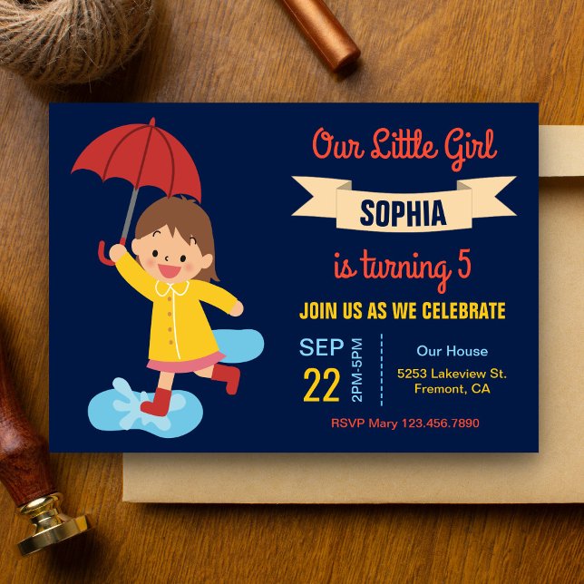 Cute Girl with Umbrella | Rainy Day Birthday Party Invitation (Creator Uploaded)
