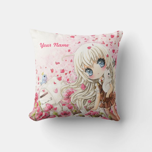 Cute girl with white cat on pink flowers field cushion (Front)