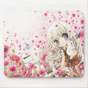 Cute girl with white cat on pink flowers field mouse pad