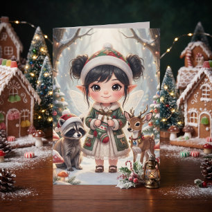 Cute Girl Woodland Themed Colouring Page Christmas Card