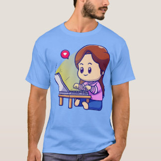 Cute Girl Working On Laptop Cartoon T-Shirt