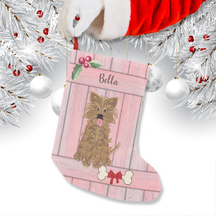 Cute Girl Yorkie Pink Wooden Fence Monogram Small Christmas Stocking