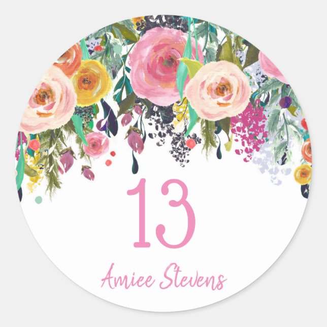 Cute Girls 13th Birthday Party Pink Flower Peach Classic Round Sticker (Front)