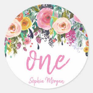 Cute Girls 1st Birthday Party Pink Flower Peach Classic Round Sticker