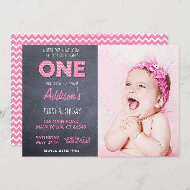 Cute Girls 1st Birthday Pink Chalkboard Invitation (Front/Back)