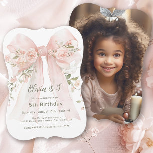 Cute Girl's 5th Birthday Pink Floral Bow and Photo Invitation