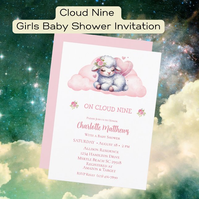 Cute Girls Baby Lamb Cloud Nine 9  Baby Shower Invitation (Creator Uploaded)
