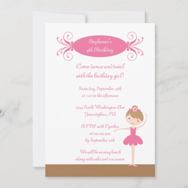 Cute girl's ballerina birthday party invitation (Front)
