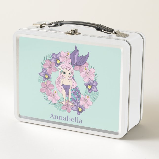 cute girls beach mermaid add name metal lunch box (Front)