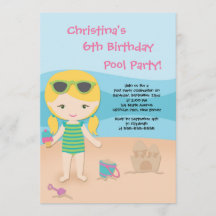 Cute Girls Beach Party Birthday Party Invitations