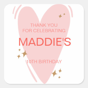 Cute Girls Birthday Party Favour Pink Heart Square Sticker
