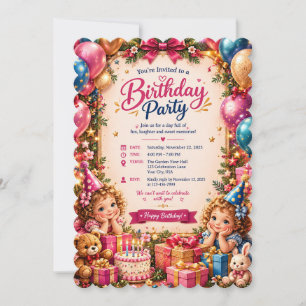 Cute Girls Birthday Party Invitation Colourful ca