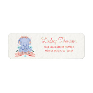 Cute Girls Blue Elephant Coral Pink Return Address