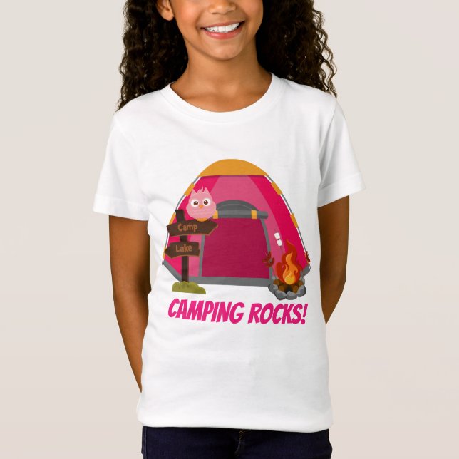 Cute girls camping rocks add name message t-shirt (Front)