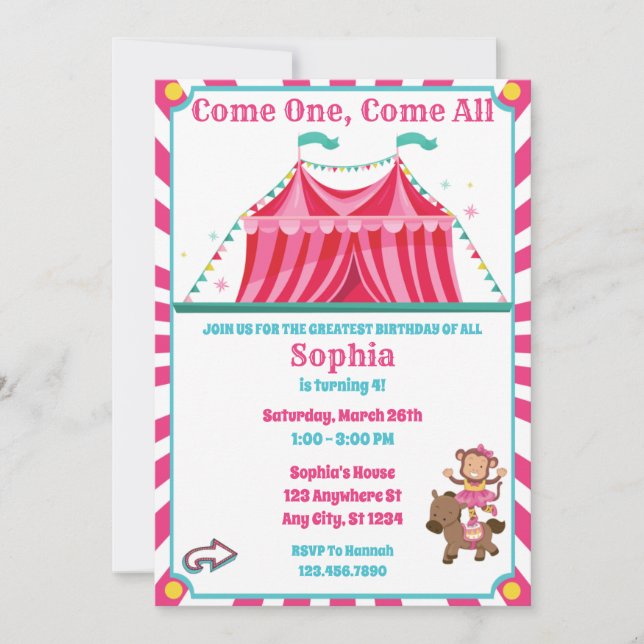 Cute Girl's Circus Carnival Birthday  Invitation (Front)
