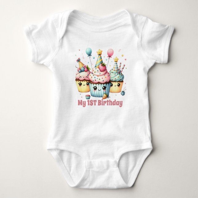 Cute girls cupcake first Birthday Baby Bodysuit (Front)