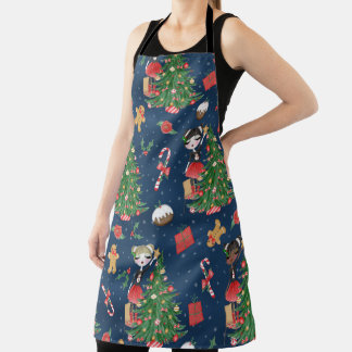 CUTE GIRLS DECORATING CHRISTMAS TREES APRON